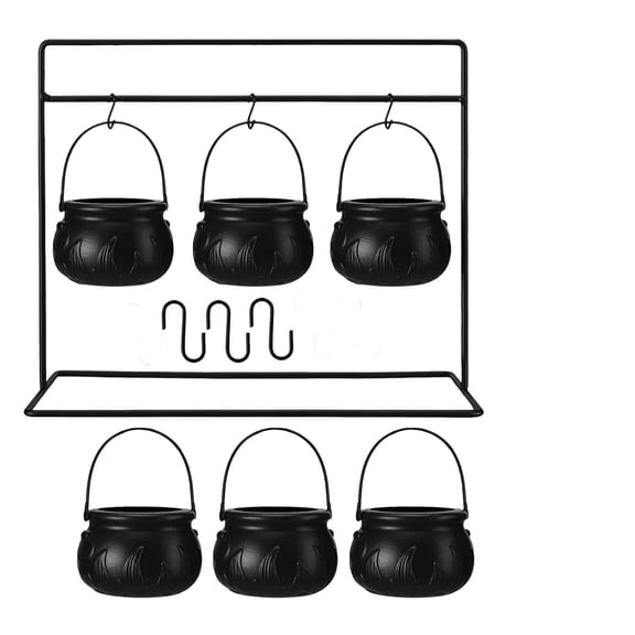 Halloween Party Decorations, Set of 6 Hanging Black Cauldron Bowls with Iron Rack, Witches Serving Candy Holder for Table, Spooky Kitchen Home Indoor Display