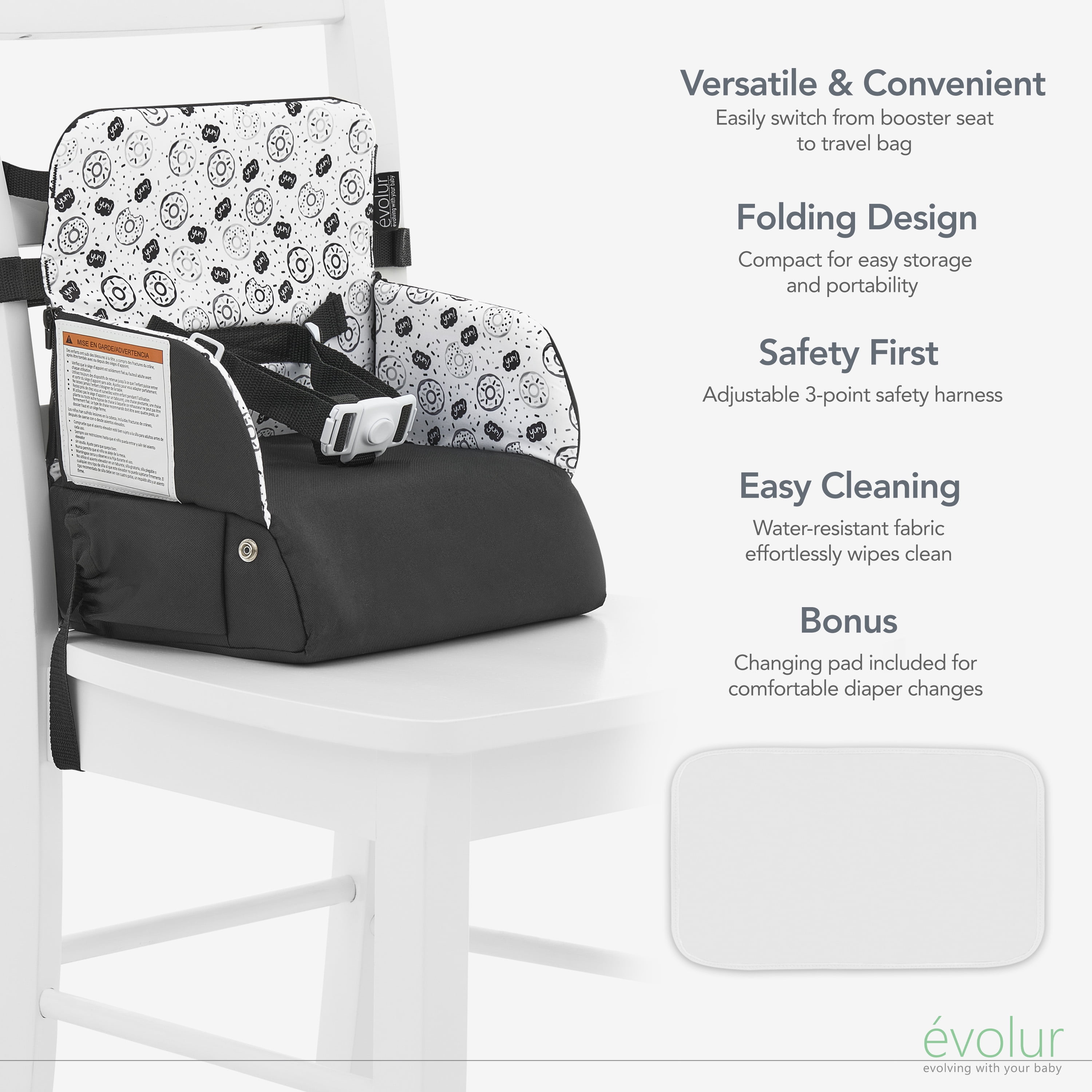 Evolur Snug Packsack 2-in-1 Portable Booster Seat and Travel Bag, Black And White