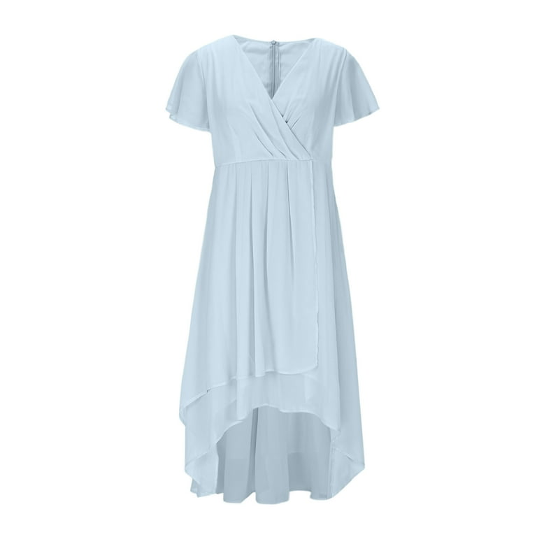 Nerohusy Womens Short Bridesmaid Dresses Chiffon A Line Flutter Sleeve High Low Ruched Bust Wedding Guests Formal Evening Party Gown 2025 Light Blue,