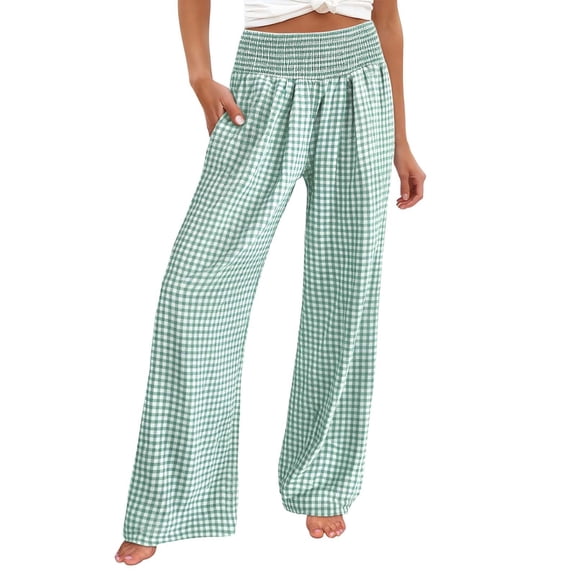 FINALGANG Womens Gingham Wide Leg Pants With Smocked Elastic High Waist Pockets For Beach Vacations Casual Daily Wear Summer Loungewear Green
