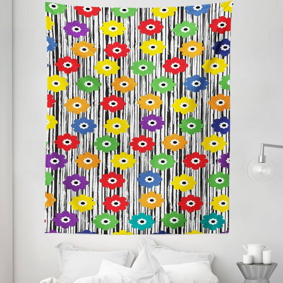 Colorful Tapestry, Vivid Summer Petals on Hand Paint Grunge Stripes, Fabric Wall Hanging Decor for Bedroom Living Room Dorm, 5 Sizes, Charcoal Grey and White, by Ambesonne