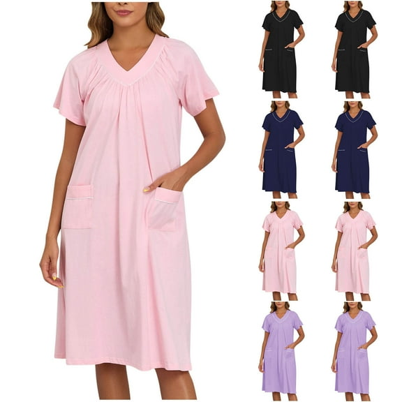 Fartey Women's Cotton Nightgown with Pockets Loose Casual Short Sleeve Pleated V Neck Pajamas Nightshirt Soft Comfy Sleepwear Black M