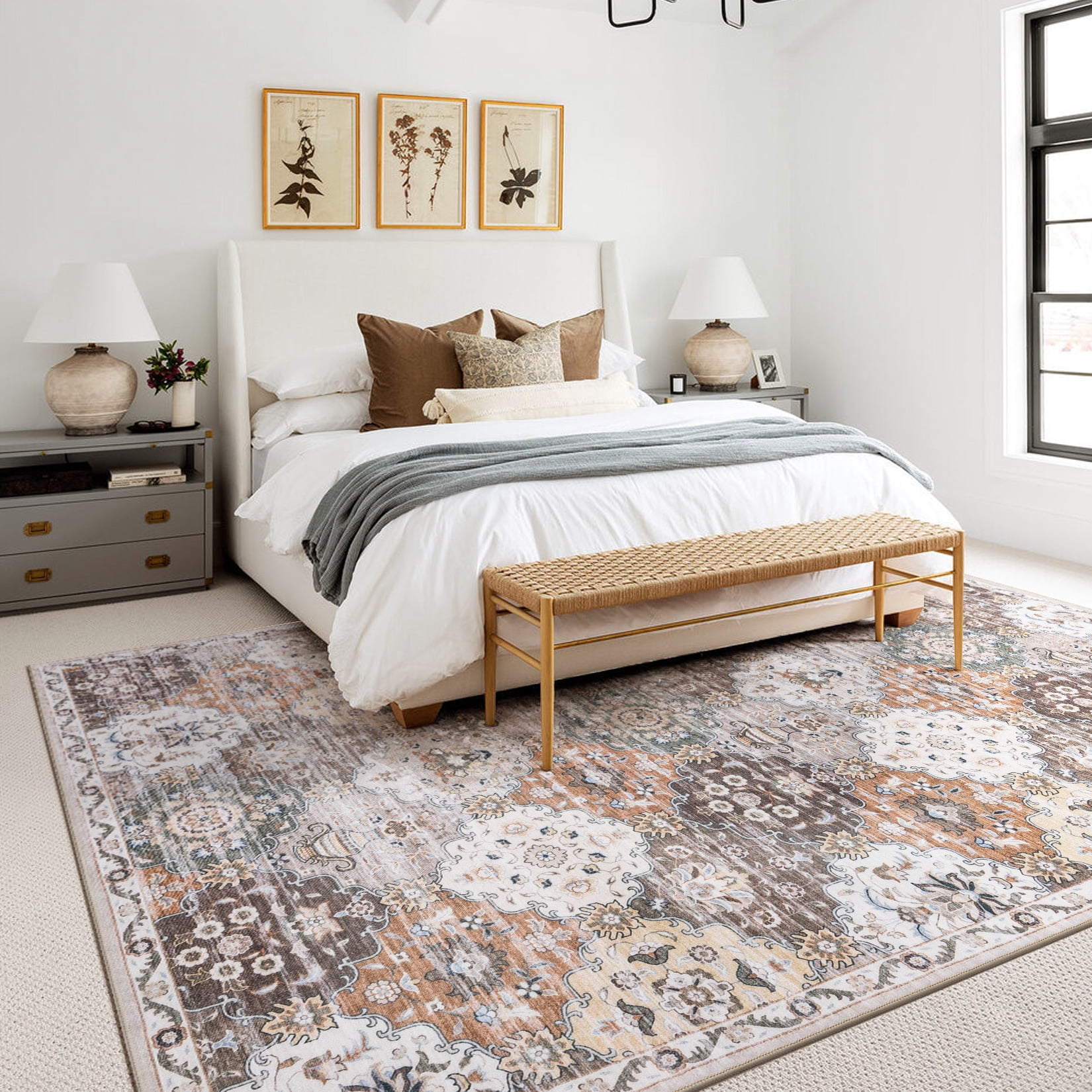 Toyoso 8x10 Area Rug Living Room Rugs - Washable Vintage Floral Soft Thin Large Rug Indoor Floor No Slip Rug Carpet for Bedroom Under Dining Table Home Office Decor - Multi Brown