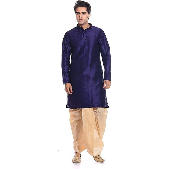 Royal Men's Silk Blend Dhoti Kurta Set (ROYAL_114_Navy_Large)