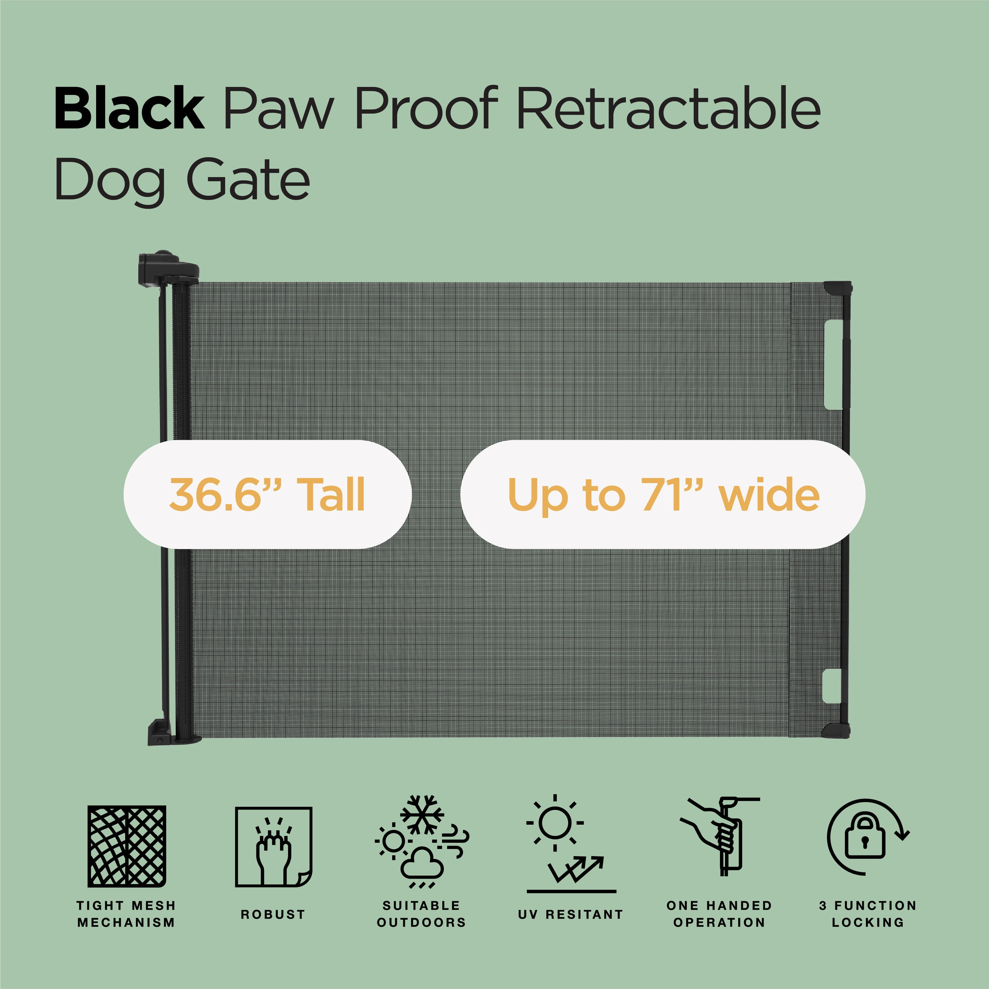 71" Wide White Paw Proof Retractable Gate, 3-Way-Locking Mechanism, Indoor/Outdoor Suitable