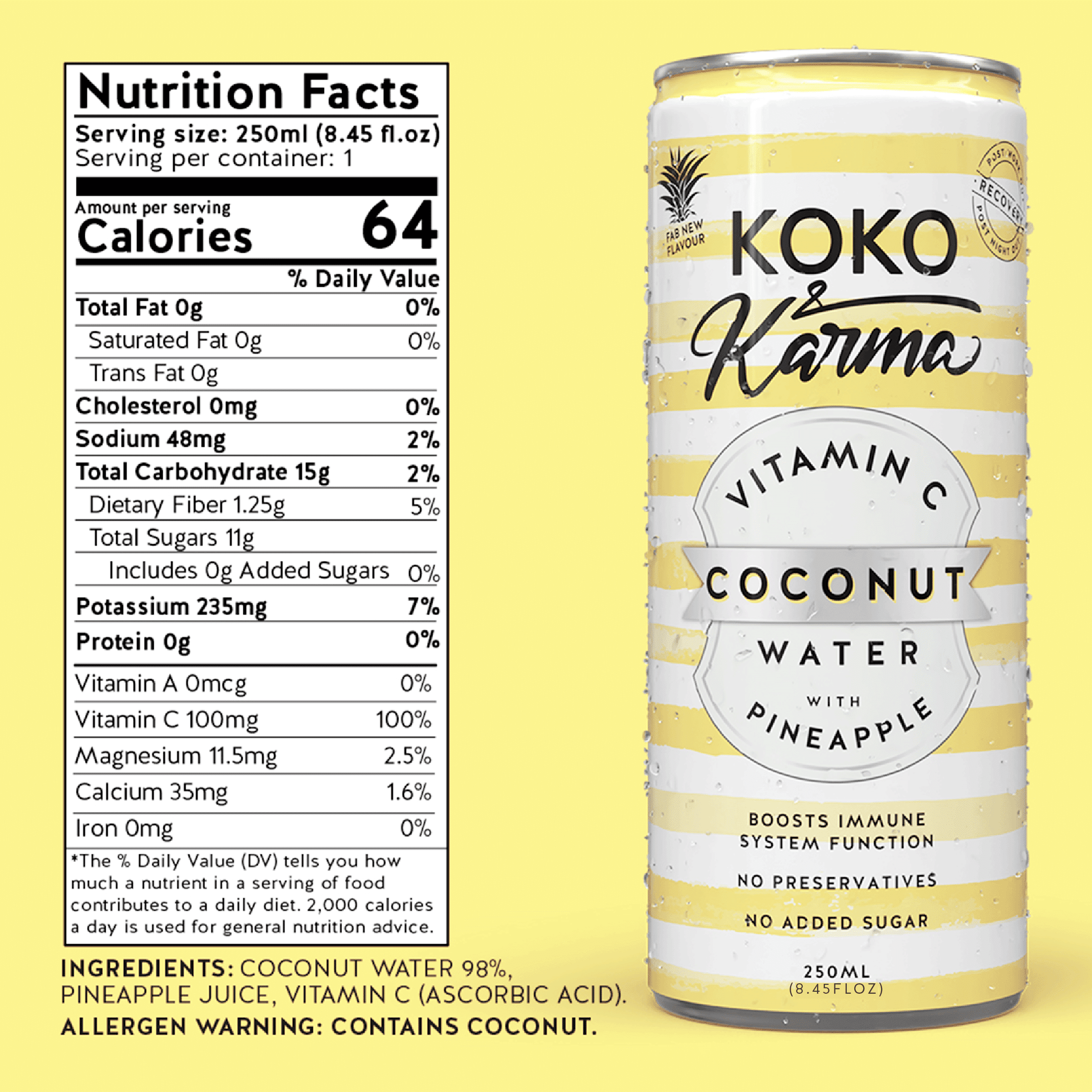 Koko & Karma Pineapple Coconut Water, Vitamin C, No Added Sugar, 4-Pack Cans (8.45 fl oz Each)
