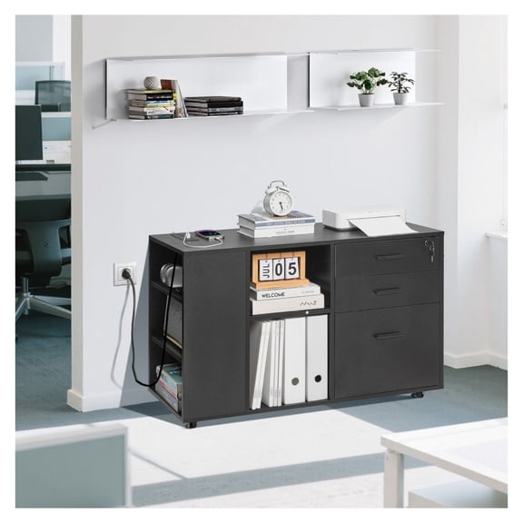 3 Drawer Mobile File Cabinet with Power Strip, Lockable Rolling Office Cabinet, Wooden File Storage with Adjustable Shelves & 5 Wheels, Black