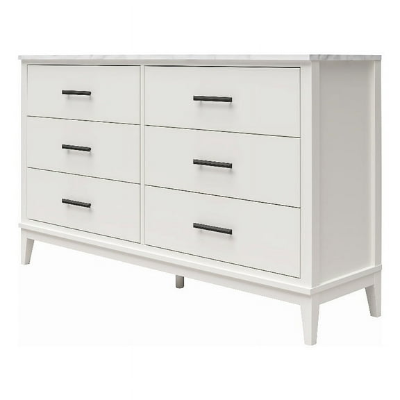 Ameriwood Home Lynnhaven Wide 6 Drawer Dresser in White w/ White Marble Top