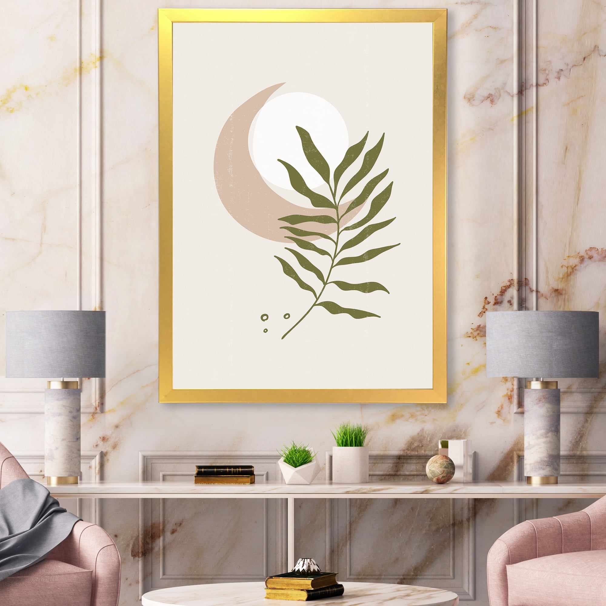 Designart 'Abstract Geometrical Leaf With Moon II' Modern Framed Art Print