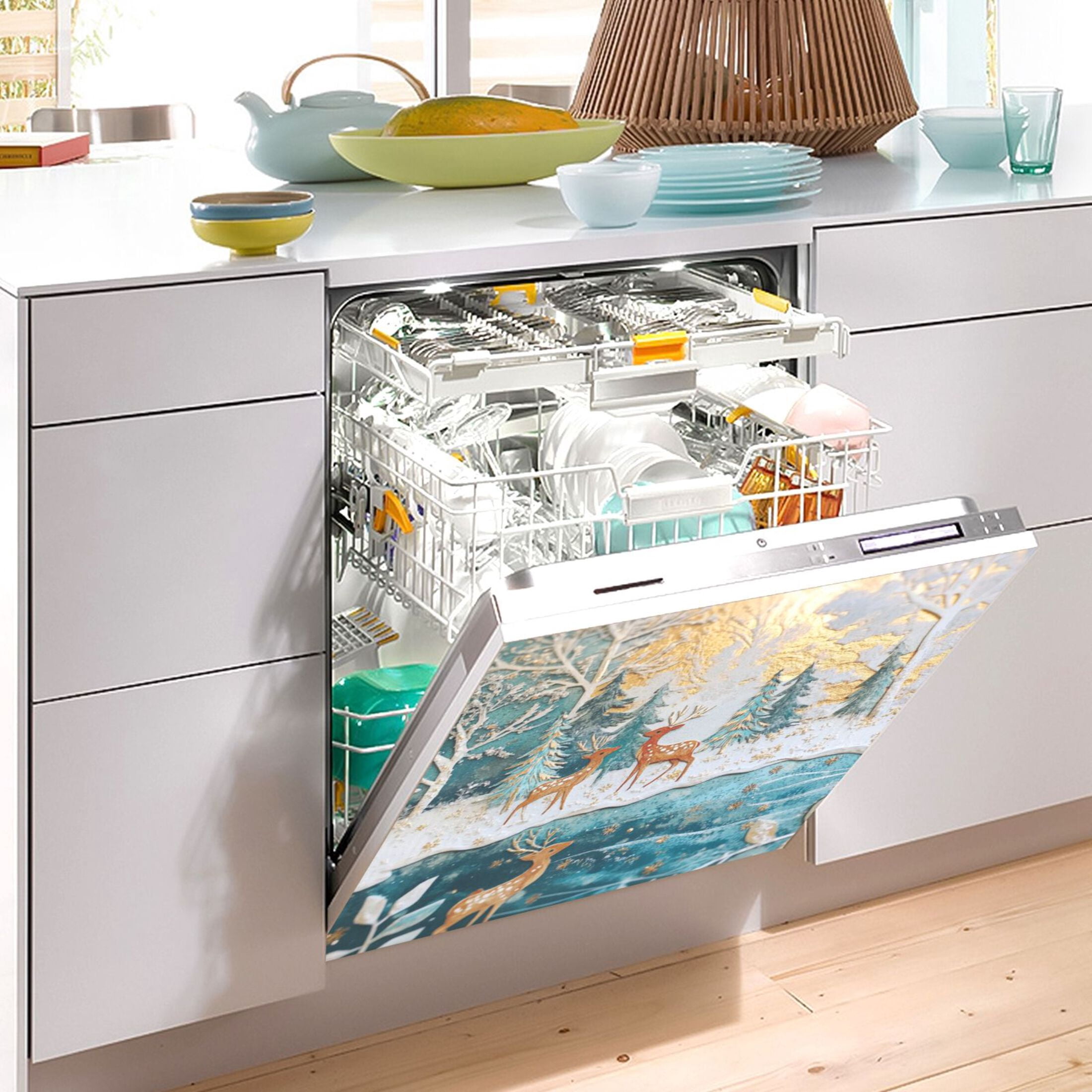 Dishwasher Magnetic Sticker 23x26 Inch Refrigerator Magnetic Sticker Washing Machine Magnetic Sticker Kitchen Panel Magnetic Sticker Home Decor Christmas Deer in The Snow