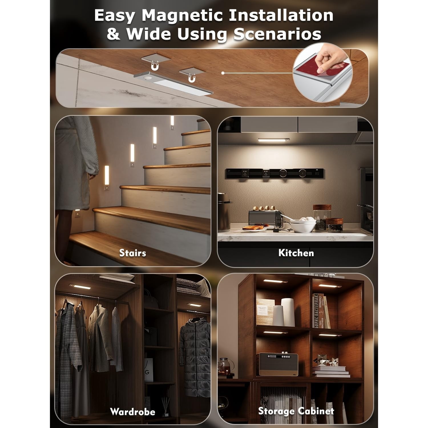 8" Ultra-Thin Under Cabinet Lighting Wireless, Aluminum Alloy Under Counter Lights for Kitchen, 3-Color-Temps Magnetic Closet Lights, Rechargeable Motion Sensor Light Indoor (4 Pack, Silver)