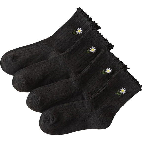 YooGuoGuo Women's 8 Pairs Floral Embroidery Lettuce Trim Cushioned Crew Socks