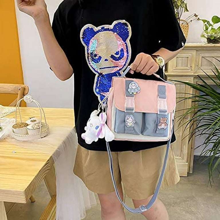 DanceeMangoo Shoulder Bag with Cute Accessories Pins Tote Bag School  Crossbody Backpack Casual Fashion (Pink) 