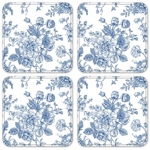 Vinyl Drink Coasters - Set of 4 - Blue Flower Line Art