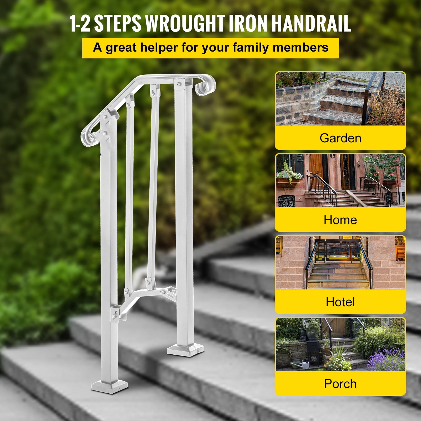 BENTISM Wrought Iron Handrail Fits 1 or 2 Steps for Outdoor Steps Railing White