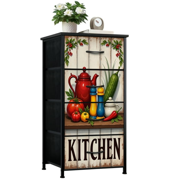 Dresser for Bedroom with 4 Storage Drawers Rustic Kitchen Vintage Farmhouse Food Abstract Foliage Delicate Leaves Dressers Chest of Drawers Steel Framed Fabric Closet Organizers for Entryway