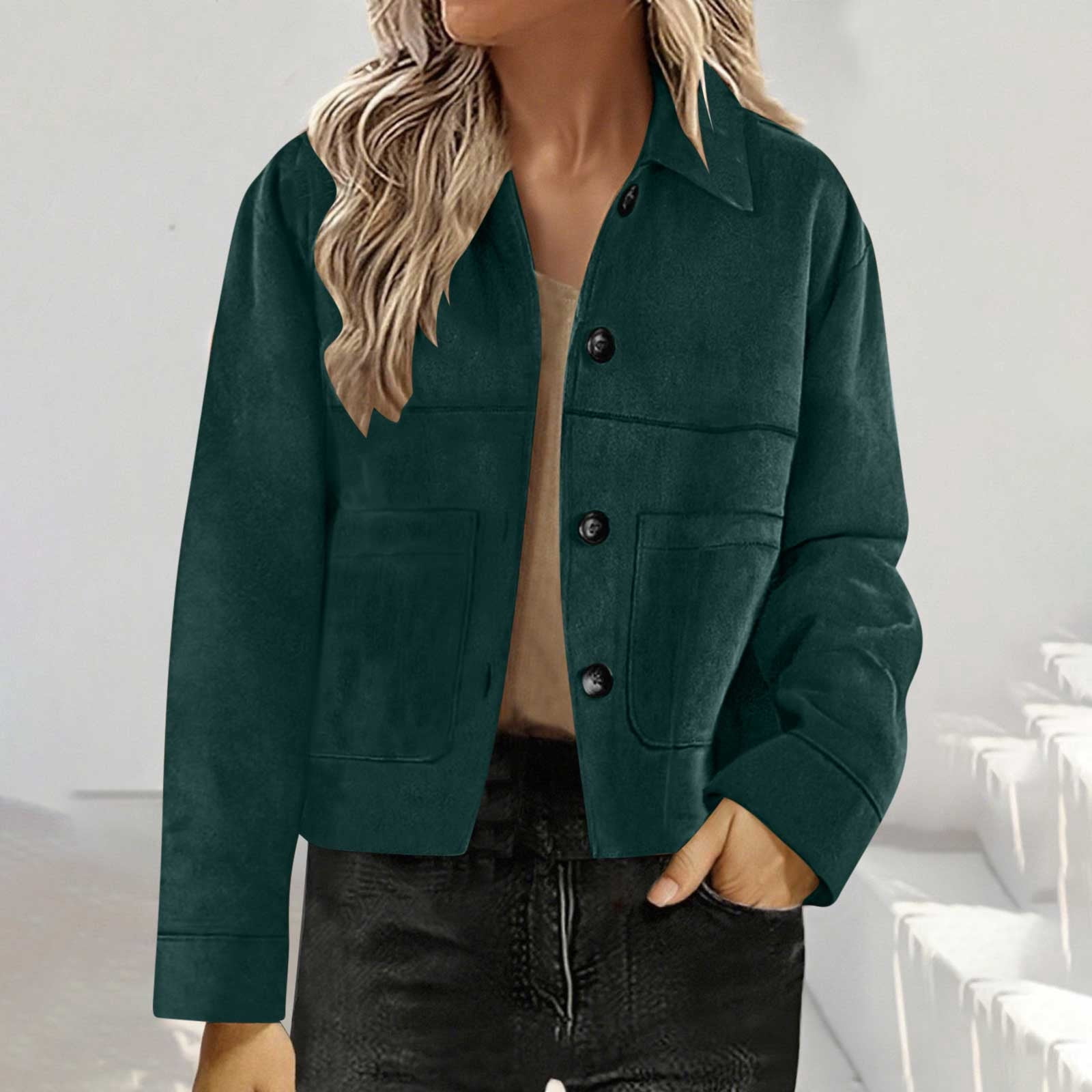 TKLPEHG Suede Jacket for Women Fall Winter Y2k Faux Leather Open Front Coat Long Sleeve Outwear Blazer Jackets (Green_Z,XL)