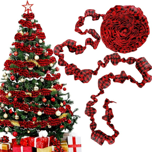 Christmas Tree Ribbon Garland 9FT Christmas Buffalo Plaid Ribbon Ruffle Homespun Fabric Garland, Rustic Farmhouse Country Christmas Tree Decorations for Home Door Mantle Fireplace Staircase (2 Rolls)