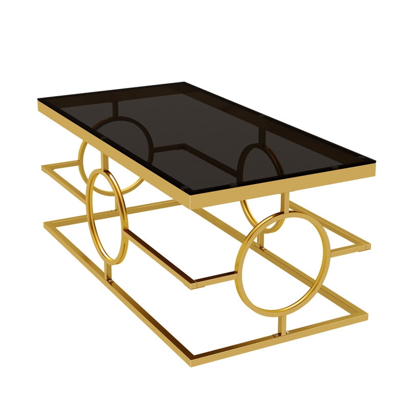 Glass Top Coffee End Table with Gold Metal Frame, Rectangular Storage Center Cocktail Table with Geometric Circle Base