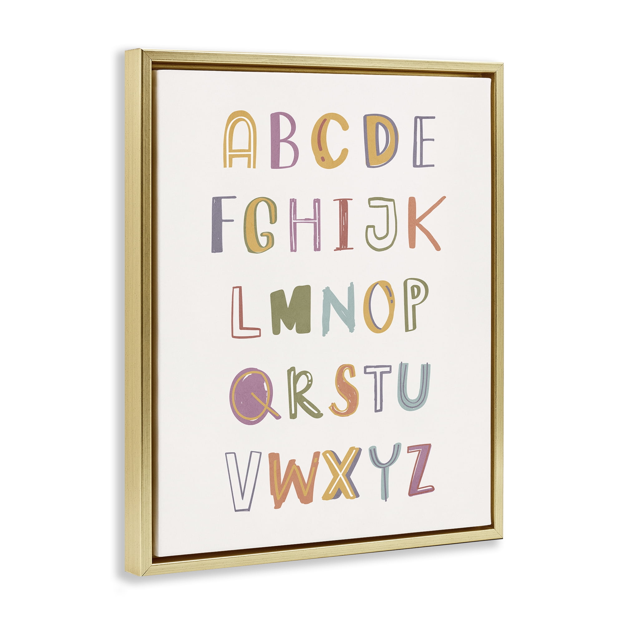 Stupell Industries Soft Doodle Alphabet Education Painting Gold Floater Framed Canvas Art Print Wall Art, 17 x 21