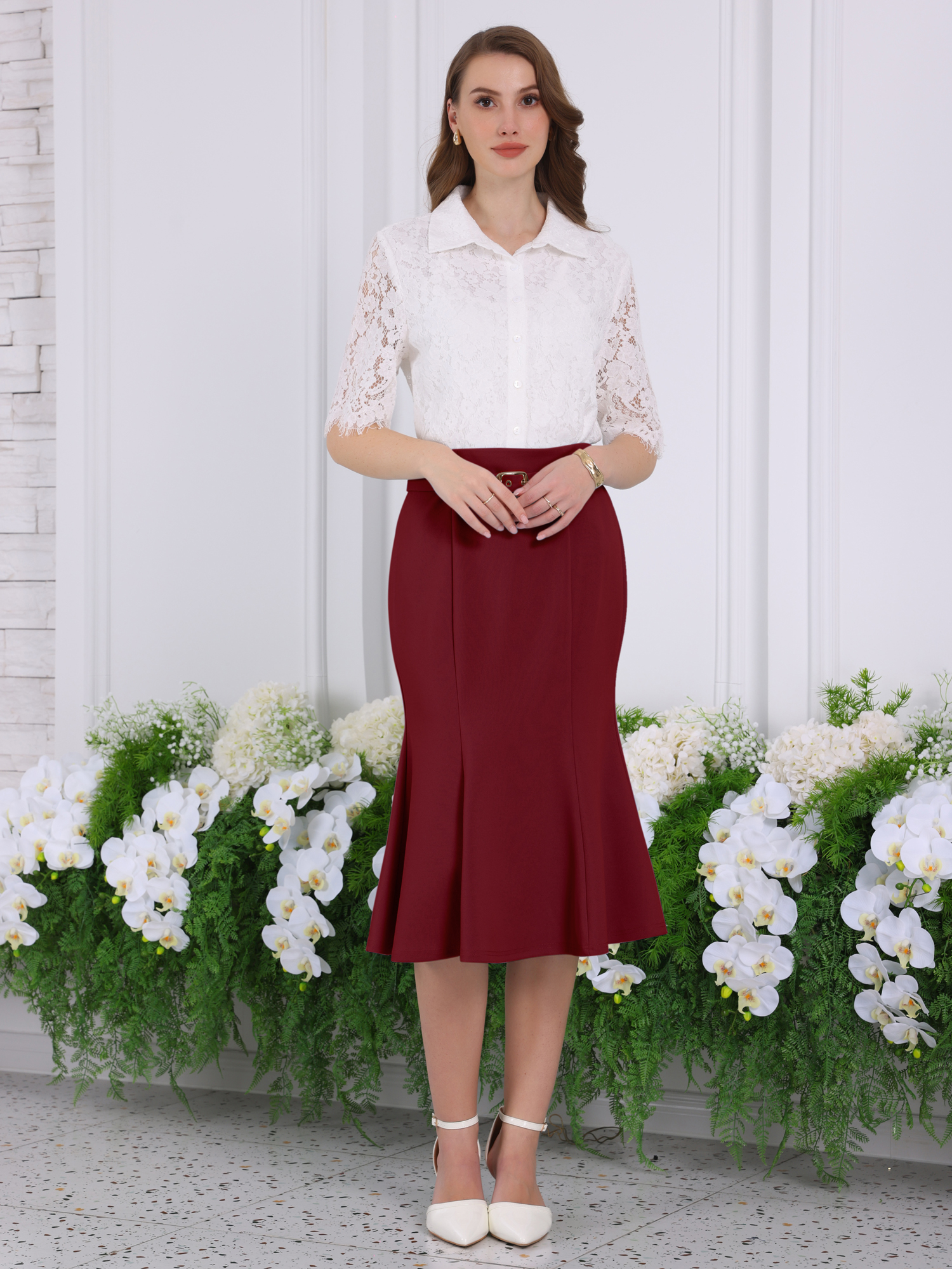 DARING DIVA Women Fishtail High Waist Belted Work Midi Mermaid Skirts S Red