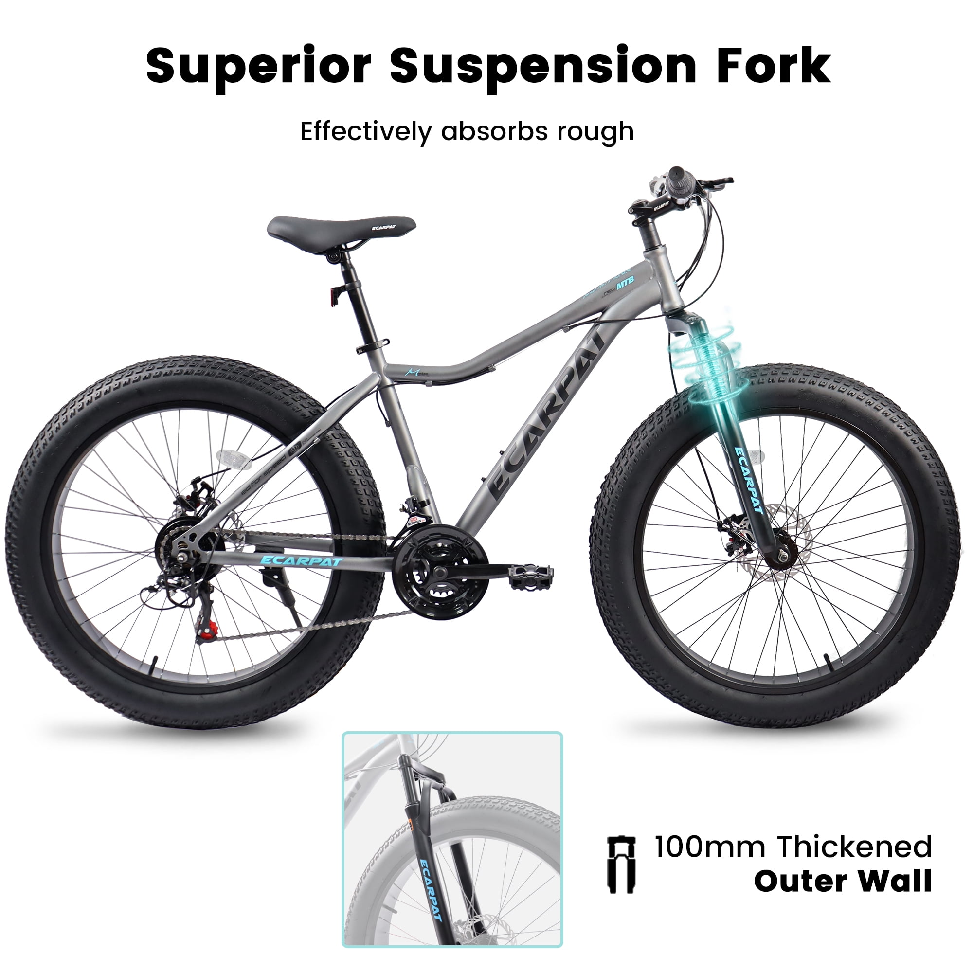 POVANLI 26"Fat Tires Mountain Bike,4-Inch Wide Wheel, 21-Speed Disc Brakes,Mens Womens Trail Beach Snow Commuter City Mountain Bike, Carbon Steel Frame Front Fork Bicycles