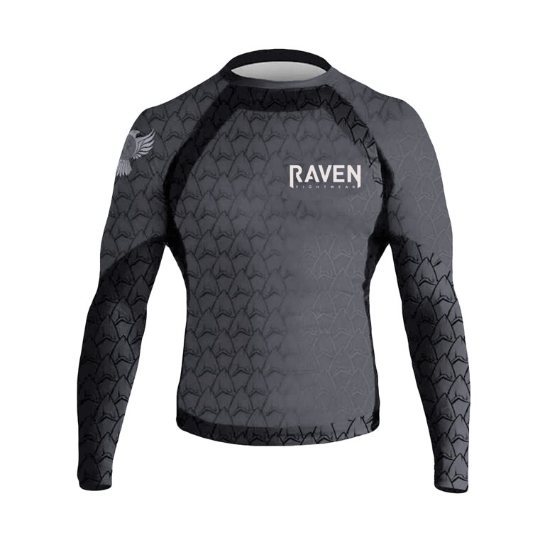 Raven Fightwear Men's Shark Attack Rash Guard - BJJ MMA Long Sleeve, Moisture Wicking & UV Protection