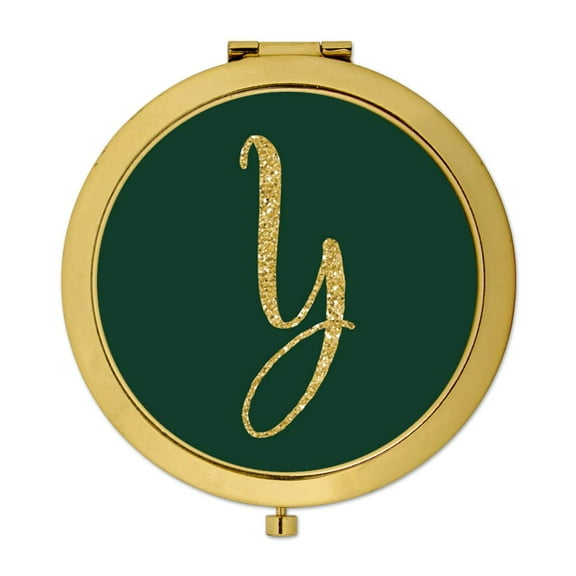 Koyal Wholesale Gold Compact Mirror Bridesmaid's Wedding Gift, Emerald Green, Monogram Letter Y, 1-Pack