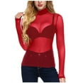 thumbnail image 3 of Funicet Women's Long Sleeve See Through Mesh Sheer Solid Top Blouse Shirts Red M, 3 of 8