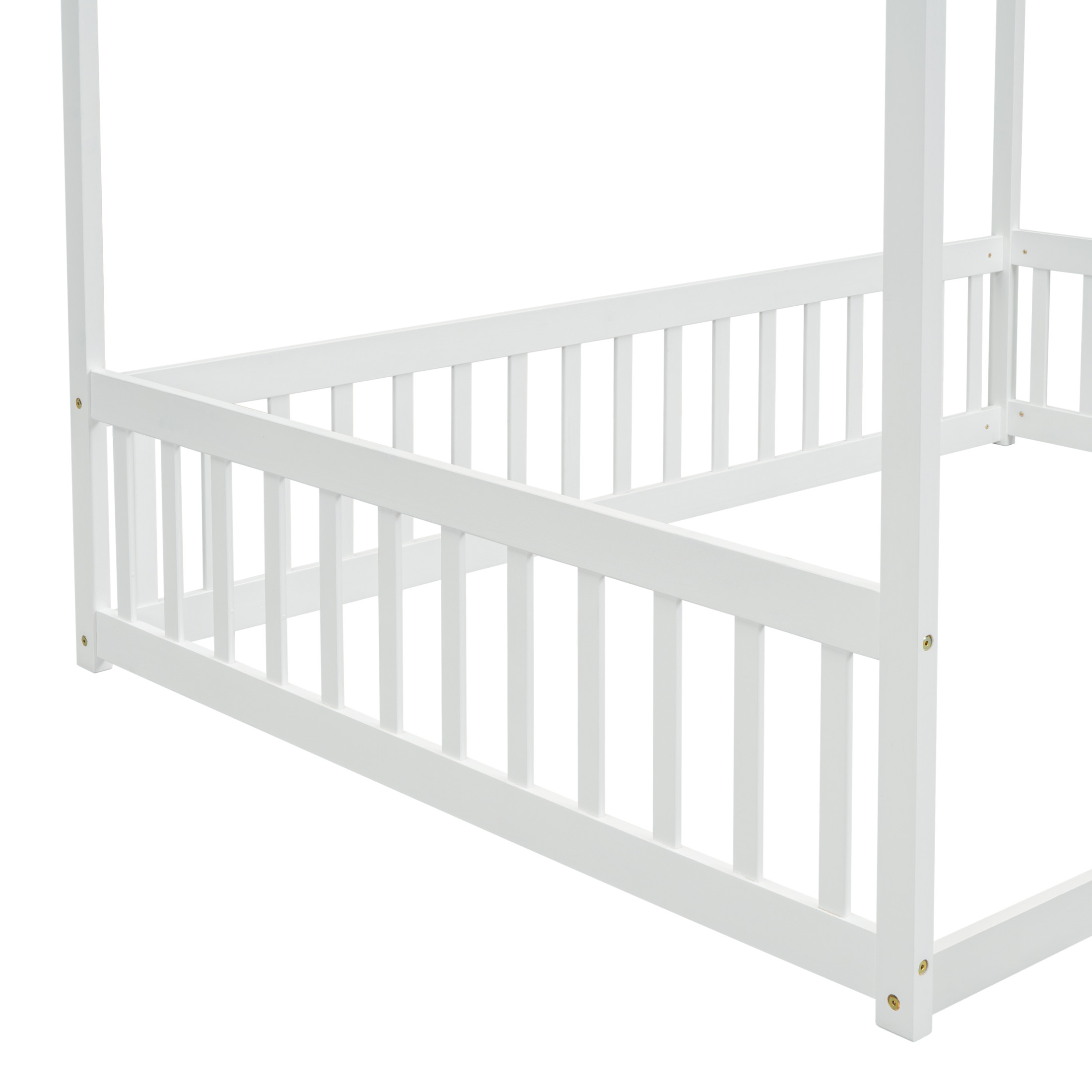 Noble House Dorris Full Canopy Floor Bed with Fence Guardrails, Solid Rubber Wood Montessori Bed, Kid's Room, White