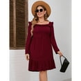 thumbnail image 3 of Women's Plus Size Ruffle Square Neck Long Sleeve Dress A Line High Waist Midi Dress with Belted, 3 of 5