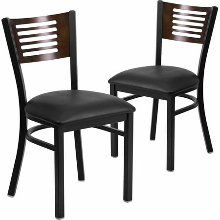 Black Slat Back Metal (Flash Furniture 2-Pack HERCULES Series Black Decorative Slat Back Metal Restaurant Chair, Walnut Wood Back, Vinyl Seat, Multiple)