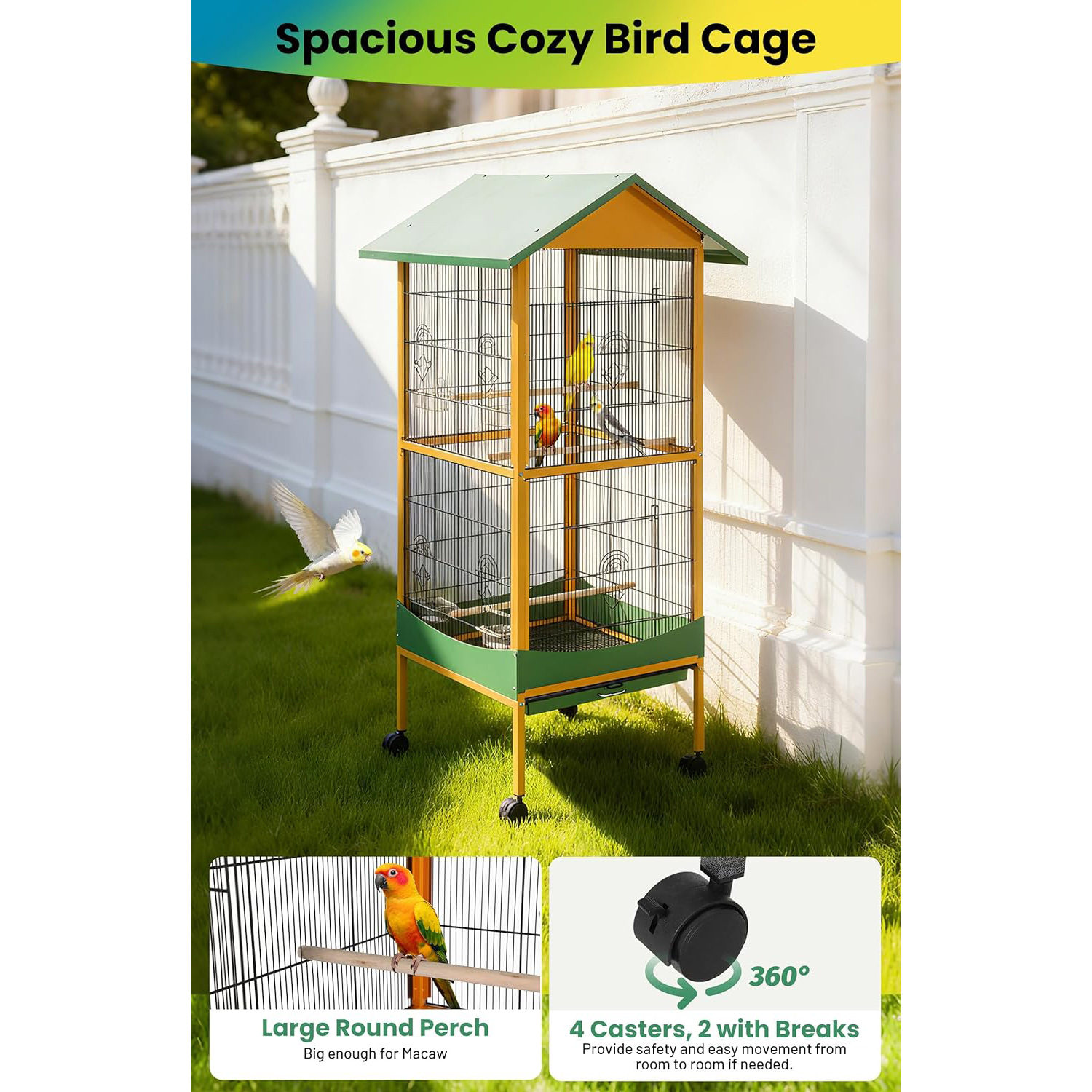 Shininglove 66" Extra Large Bird Cage w/Waterproof Roof & Lockable Wheels - Easy Clean Detachable Tray for Macaw, Parakeet, Conure Indoor Outdoor