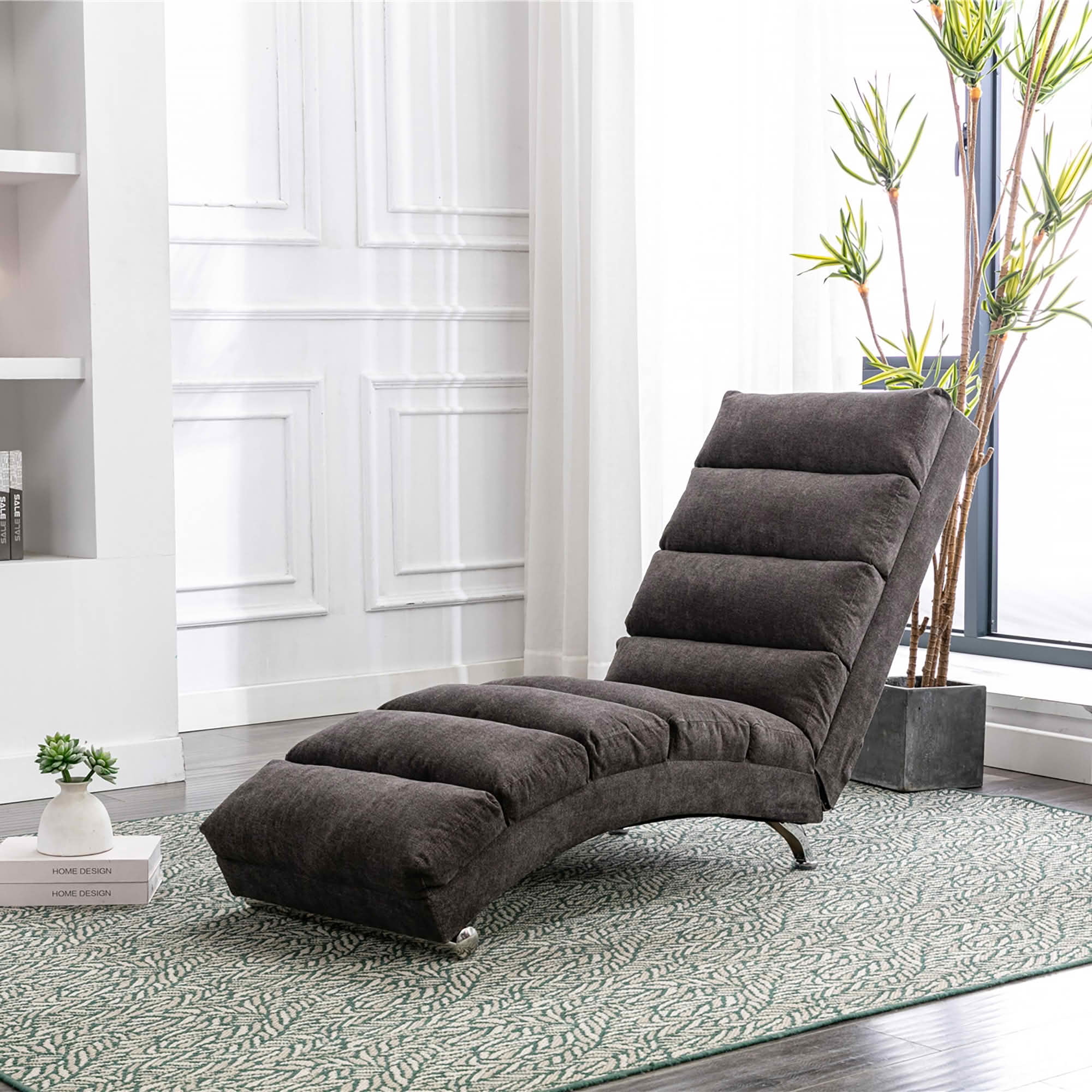 MAYEERTY Vibrating Upholstered Chaise Lounge Chair, Ergonomic Fixed Back Fabric Recliner Sofa with Side Pocket Remote Control for Living Room Bedroom