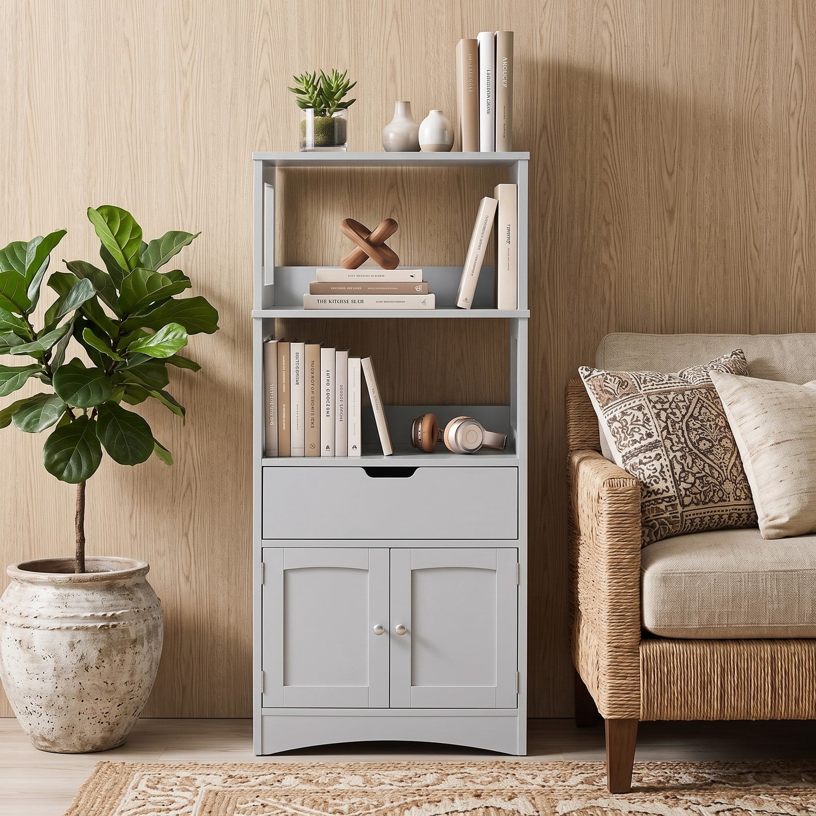 Fenbeli Bathroom Storage Cabinet, Freestanding Floor Cabinet with 3 Open Shelves, Pull-Out Drawer & 2 Doors, Anti-Toppling Wooden Organizer for Bathroom Kitchen, Gray
