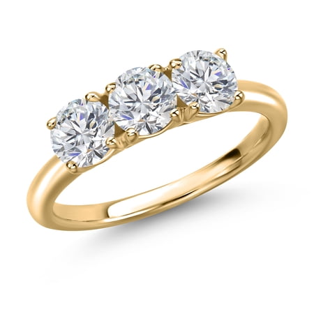 Gem Stone King 10K Yellow Gold Lab Grown Diamond 3-Stone Engagement Ring for Women | 1.50 Cttw | Round 5MM | Gemstone April Birthstone | DEF Color | VVS-VS Clarity (Size 6)