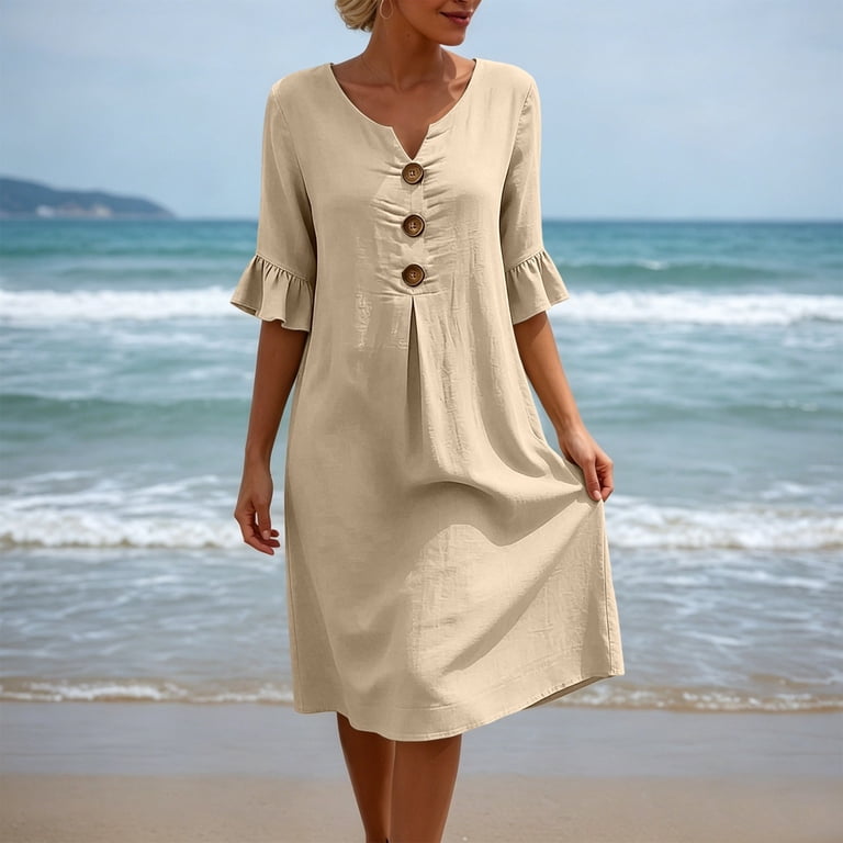 knee length loose summer dresses JIAYUE Women's Casual Fit Button Solid Color Notch V Neck Elegant Ruffle Half Sleeve A-Line Holiday Beach Dress YGroup_palmas-halter-maxi-dress