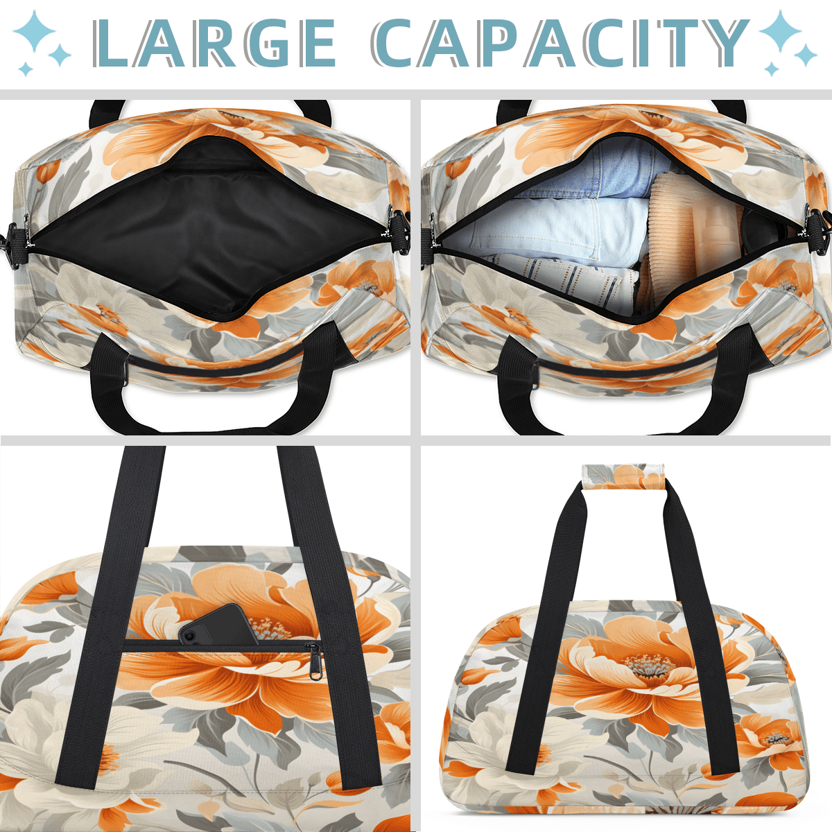 Herdesigns Floral Sports Duffle Bag for Women & Men, Orange White Flowers Gym Bag Dance Bag Overnight Bag Carry On Weekender Travel Bag