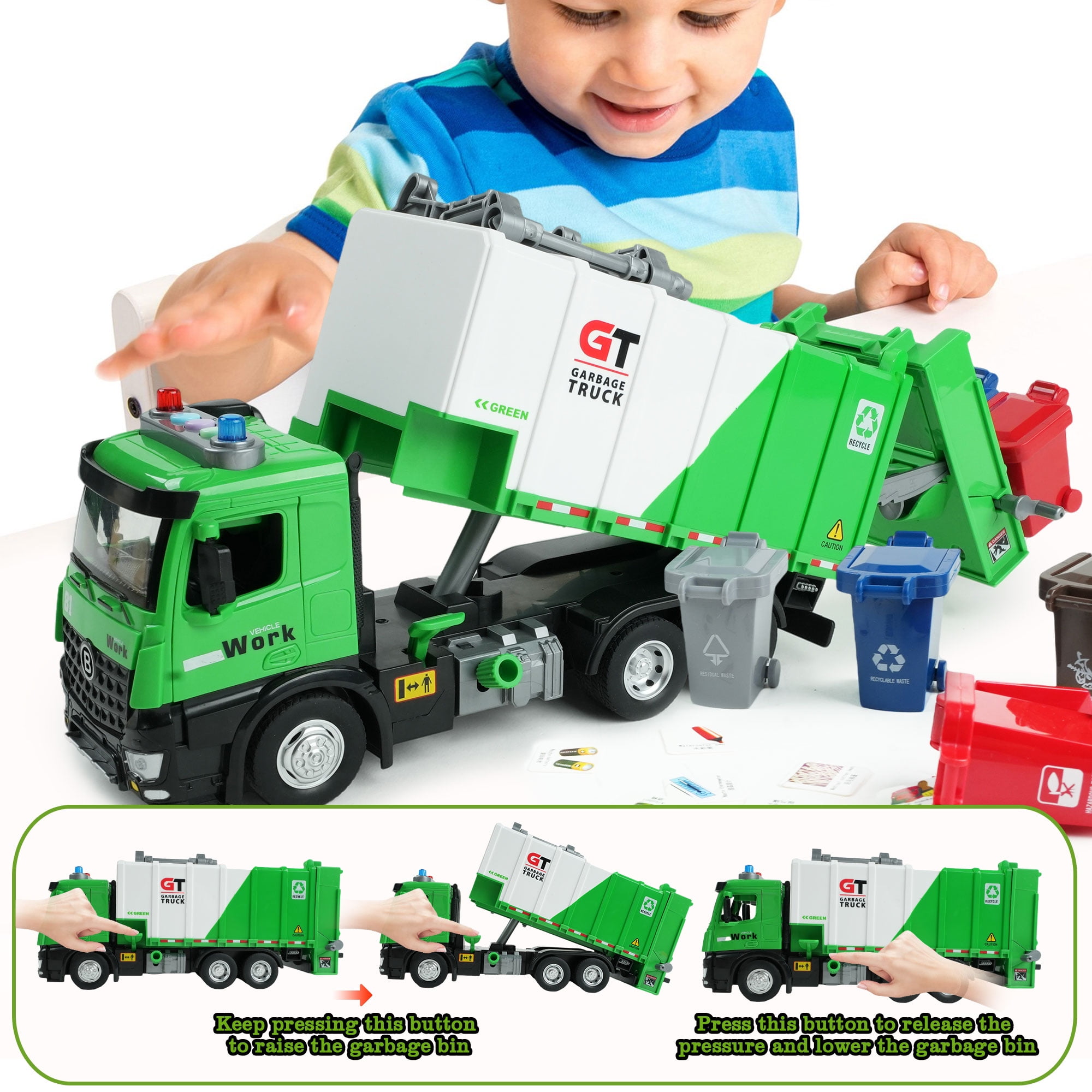 JUGAAD LIFE Garbage Truck Toys for Boys, Trash Can Lifter and Dumping Function, Play Vehicle with Light and Sounds, Birthday Gift for Girls Toddler Kids 3 4 5 6 7 Years Old