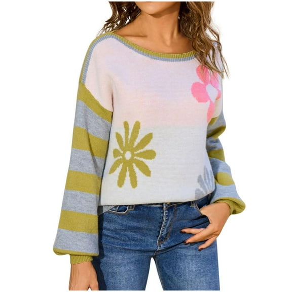 Women's Floral Sweater Crewneck Long Sleeve Color Block Knit Pullover Tops Yellow XL