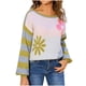 thumbnail image 2 of Suéter de cuello redondo para mujer, suéter de punto de patchwork a rayas con manga larga, suéter de cuello redondo, tops acrílicos para mujer, 2 of 9