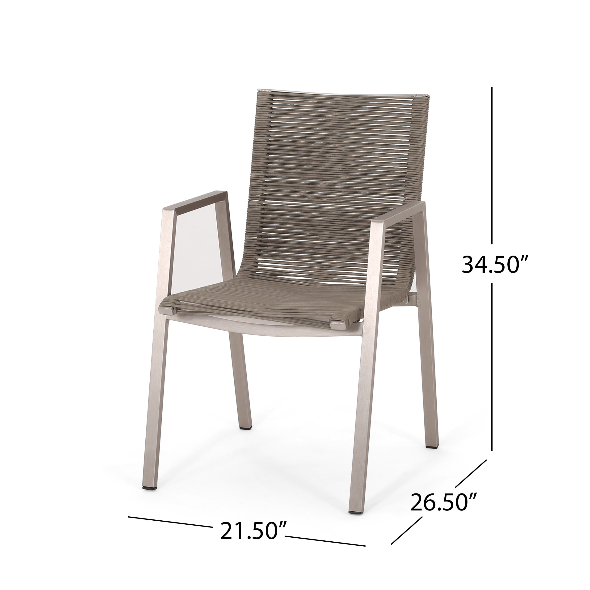 Outdoor Rope Surface Dining Chair Set of 2, Aluminum Frame Household Seats for Patio Garden, Silver and Taupe