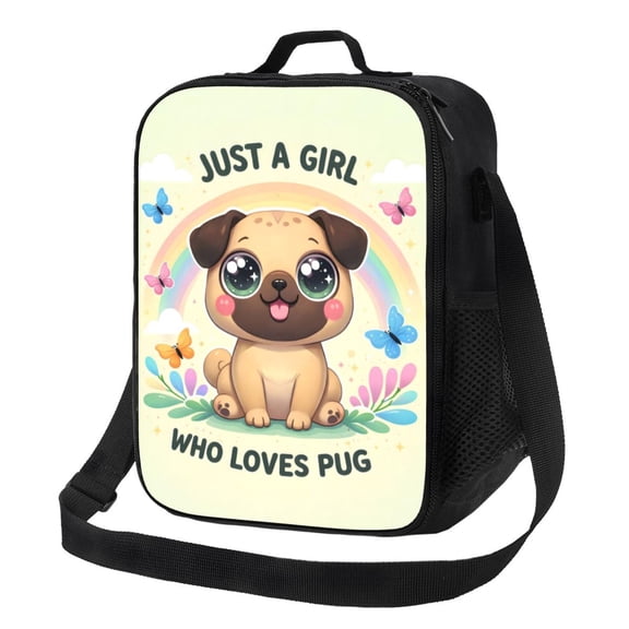 Cute Pug Cartoon Puppy Pattern Animal Lunch Bag Insulated Thermal Box with Shoulder Strap & Handle for Work and Picnic