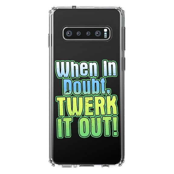 DistinctInk Clear Shockproof Hybrid Case for Samsung Galaxy S10 (6.1" Screen) - TPU Bumper Acrylic Back Tempered Glass Screen Protector - When in Doubt Twerk it Out