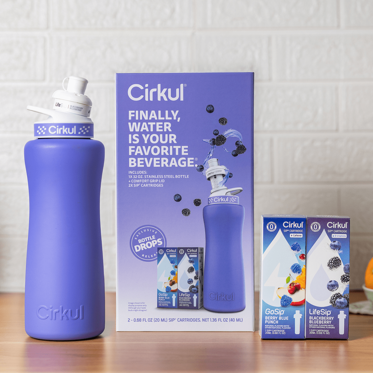 Cirkul 32oz Periwinkle Stainless Steel Starter Kit with Periwinkle Cirkul Lid 2.0 and 2 Flavor Cartridges (Blackberry Blueberry & Berry Blue Punch)