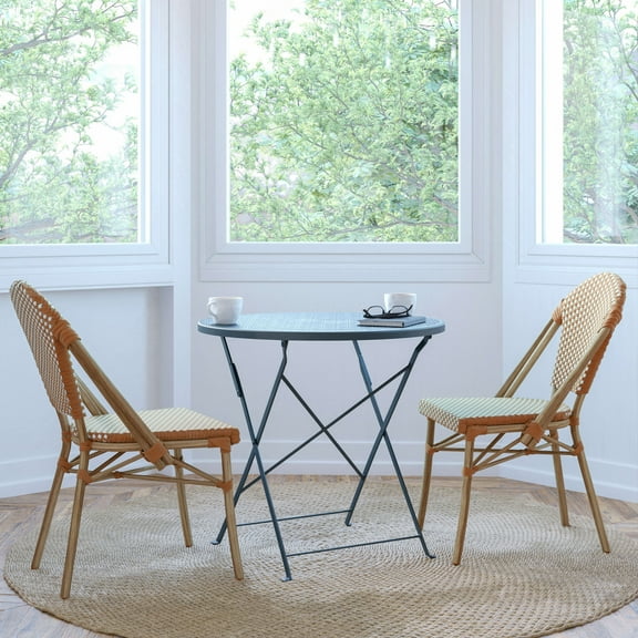 Merrick Lane Set of Two Indoor/Outdoor Stacking Bistro Chairs with White and Natural Patterned Seats and Backs & Light Bamboo Finished Aluminum Frames