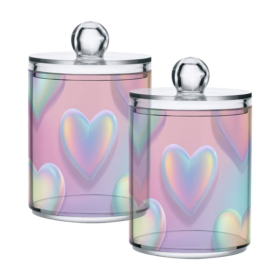 Pastel Iridescent Heart Pattern Valentine Translucent Plastic Cans Storage Canisters with Lid Set of 2