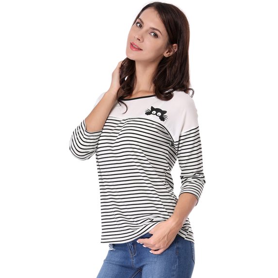 Allegra K Women's Color Block Long Sleeve Striped Causal T-Shirt