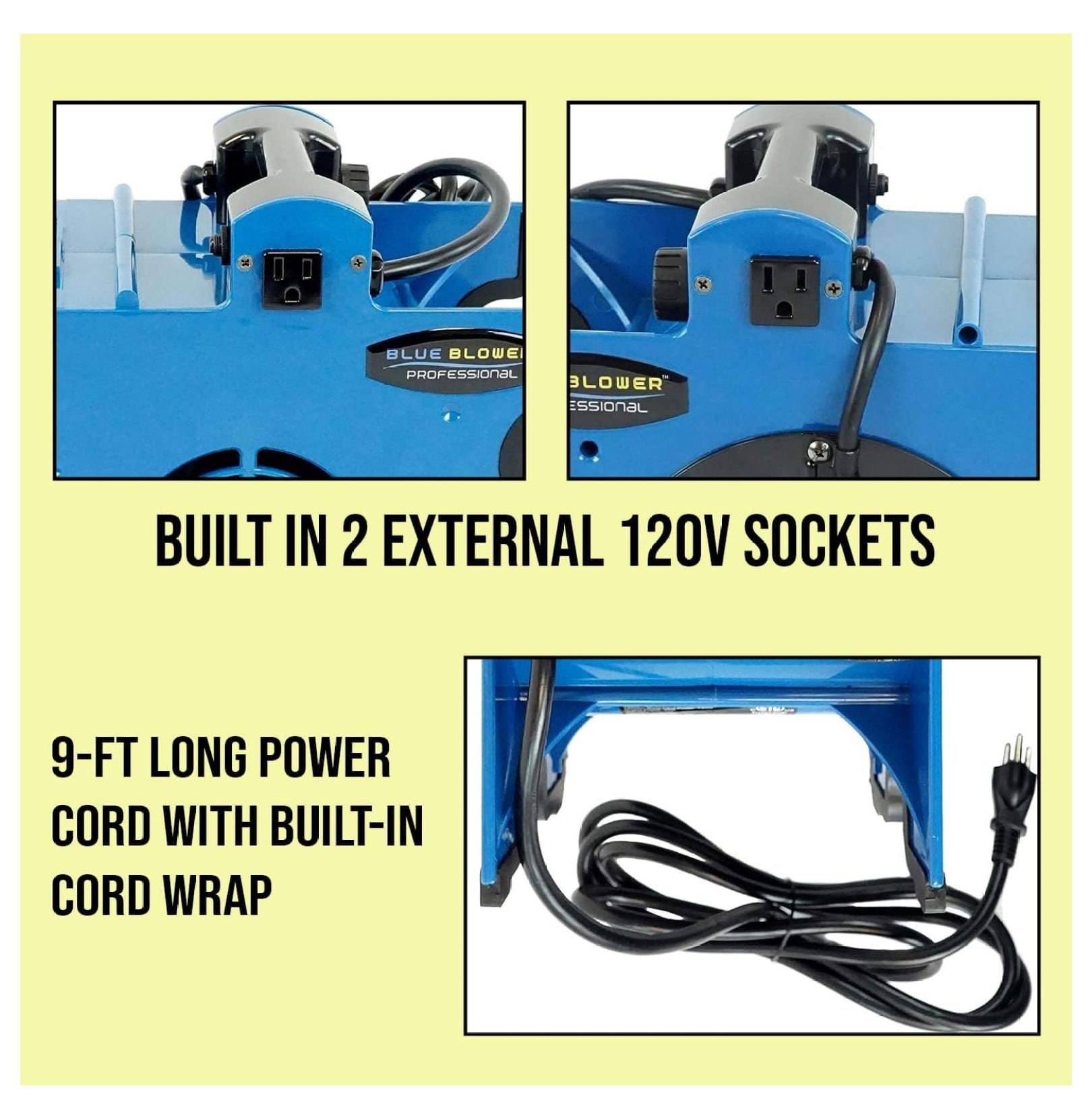BLUE BLOWER 300 CFM 3 Speed with 2 built in outlets Adjustable Tilt Floor fan, Utility Blower, Floor Dryer for Cooling, Drying, Air Circulation, & Water Restoration