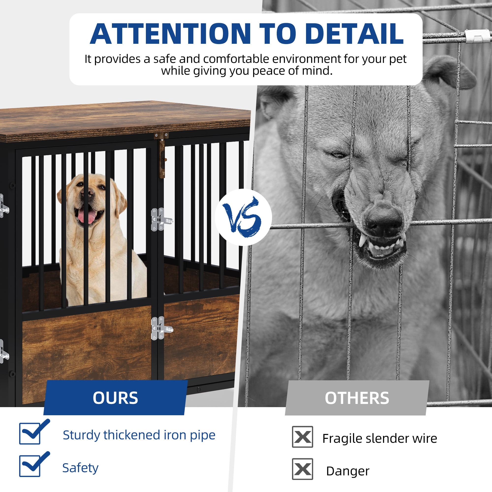 Uforic 38-Inch Wooden Dog Crate Furniture with Wheels and Double-Doors,Dog Kennel,Dog Cage for Indoor - Rustic Brown